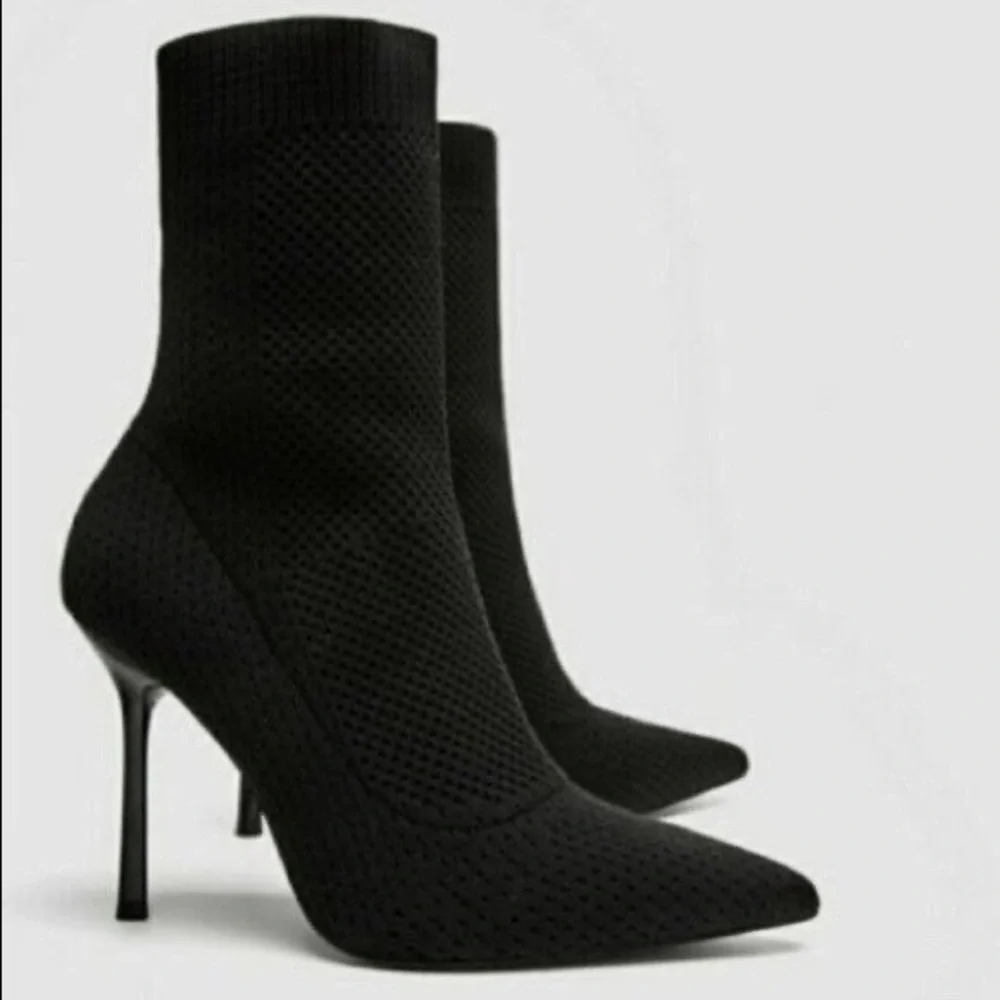 Zara Trafaluc Black Stretchy Sock Mesh Pointed Toe Ankle Boot Stiletto Heels - Picture 7 of 16